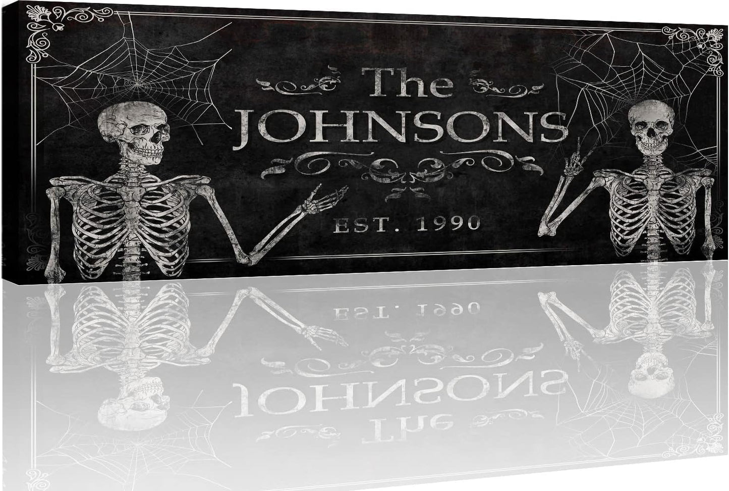 Tailored Canvases Gothic Family Wall Decor - Personalized Grunge Vintage Skeleton Room Decor for Home, Halloween Lovers, Men & Women for Bedroom, Living Room - Custom Couple Name, White Print, 36"x12"