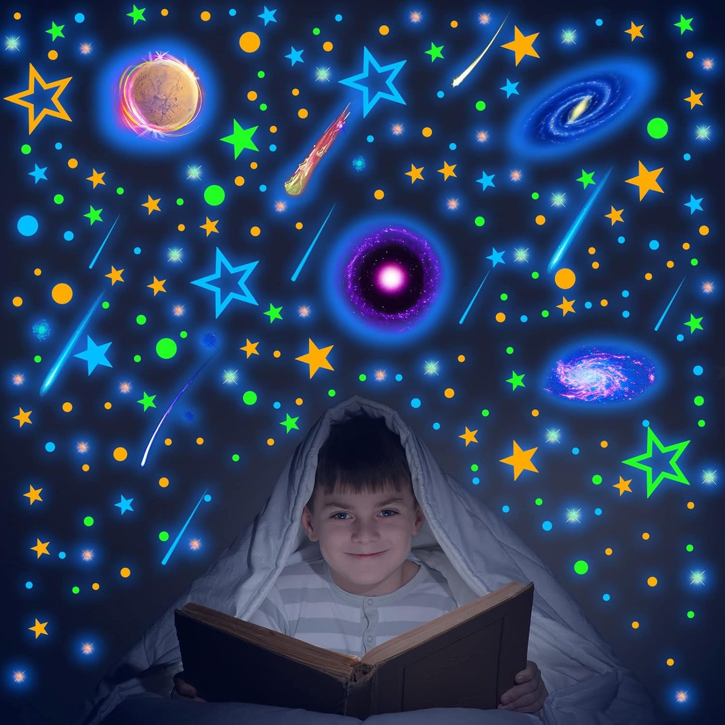 Spakon 495 Pcs Glow in The Dark Moons and Stars Wall Decals for Ceiling,Glowing Planets Wall Stickers Removable Galaxy Solar System Space Decal Nursery Stickers for Kids Bedroom Living Room Decor