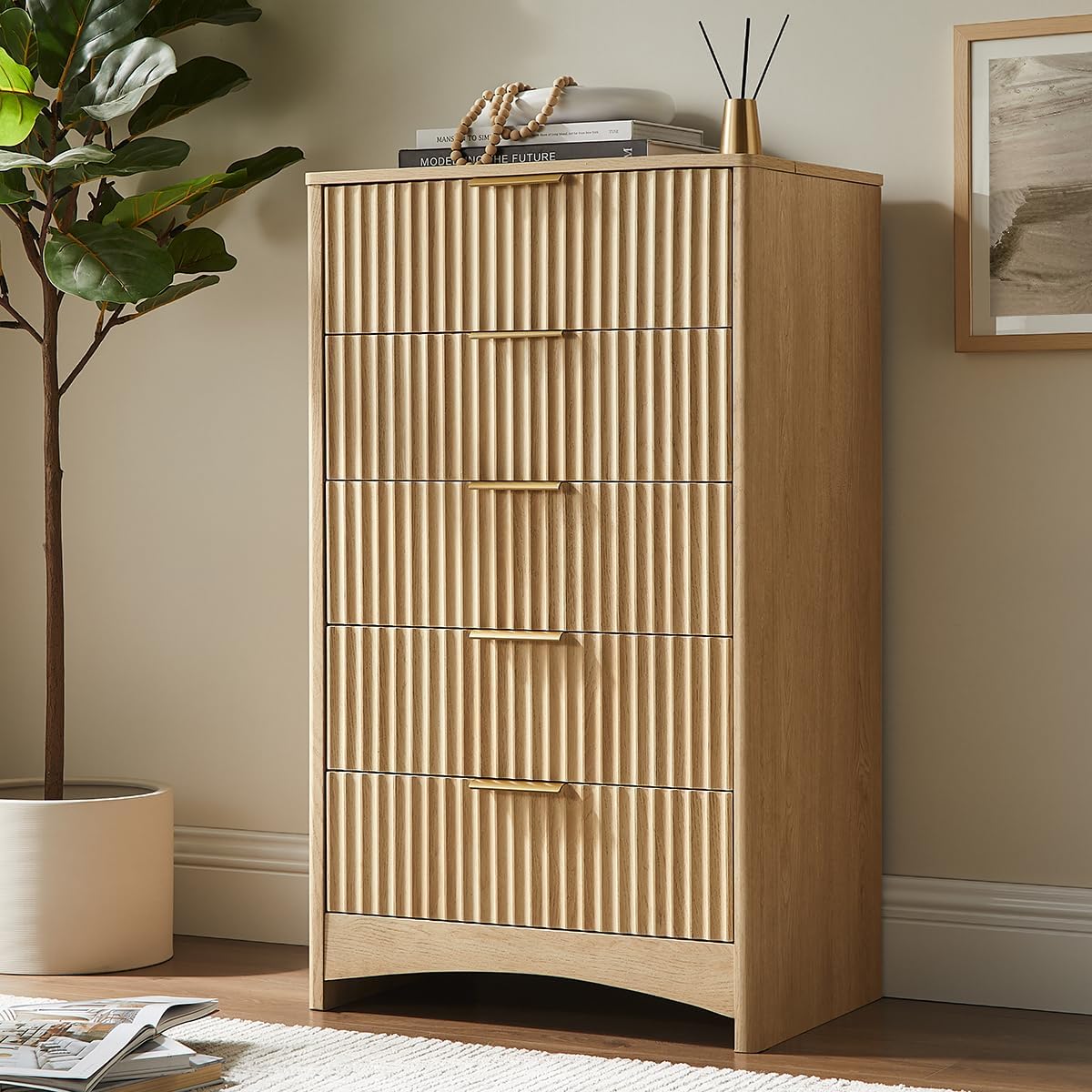 Pipishell Dresser for Bedroom, Fluted 5 Drawers Dresser, 40" Tall Modern Chest of Drawer with Round Edge & Pre-Installed Drawer Slides, Natural Wood Drawer Organizer for Bedroom, Hallway, Natural Oak