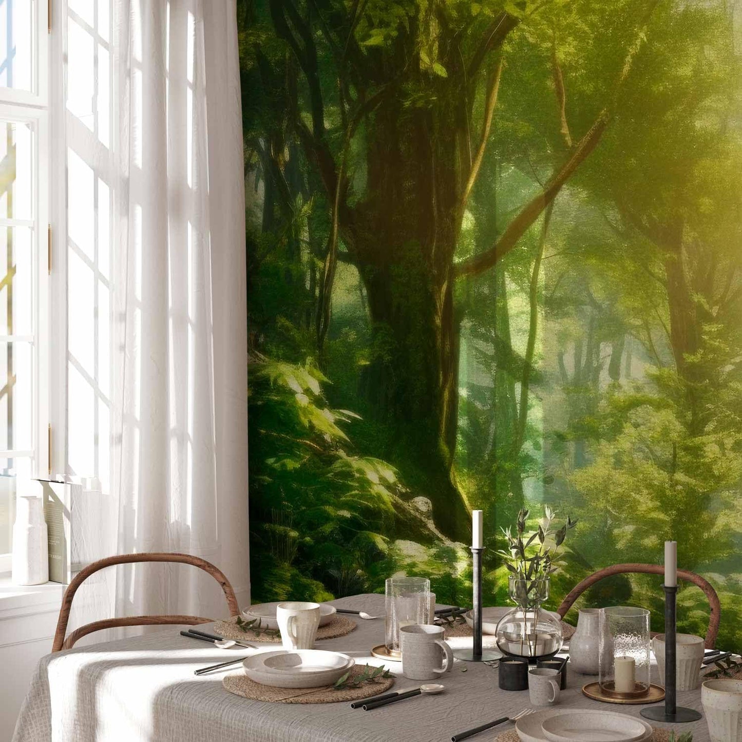 artgeist Wall Mural Peel and Stick Forest 212x98 in - XXL Self-Adhesive Corner Wallpaper Removable Large Sticker Foil Angle Wallpaper Mashrooms Story Flowers Butterfly Forest c-B-10181-a-a