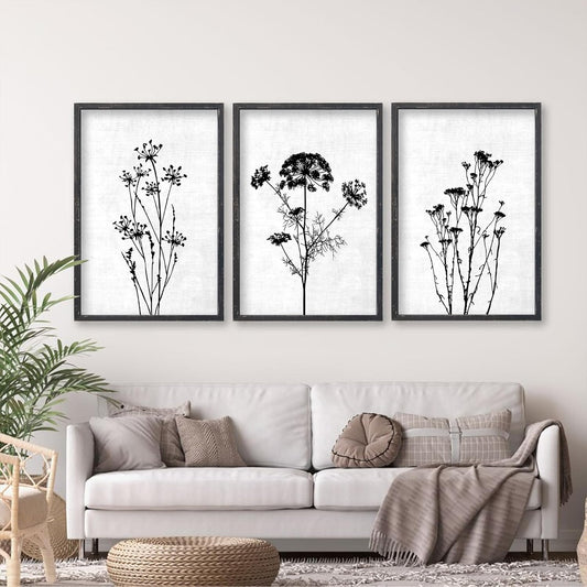 Flower Plant Wall Art Decor 16"x11" Set of 3 Black And White Botanical Painting Wood Framed For Minimalist Bedroom Office Rustic Living Room Abstract Wildflower Sign Hanging (Black)