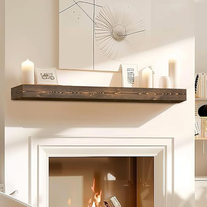 56x8x3 Fireplace Mantel - Handcrafted Hollow Rustic Solid Wood Wall Mounted Floating Shelf with Invisible Heavy Duty Wood Bracket (Weathered Brown)