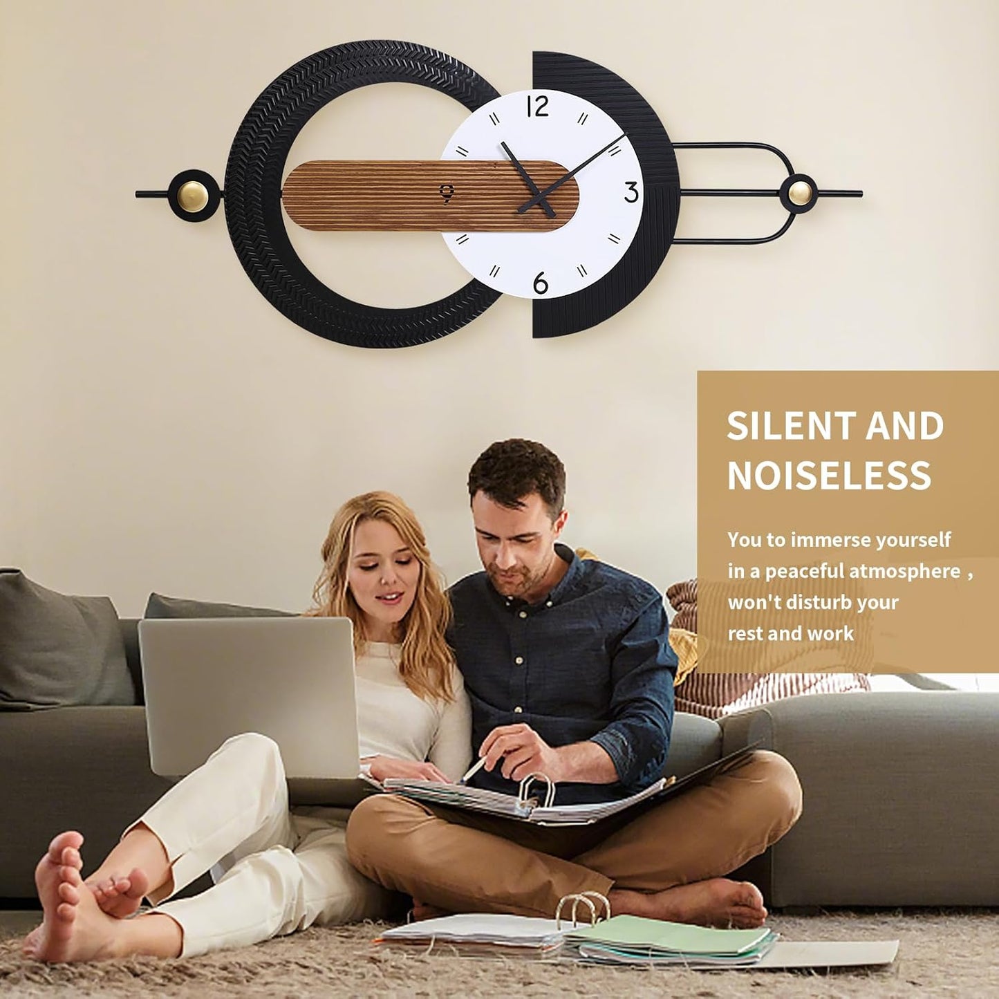 48x18 Inch Oversized Large Wall Clocks-Silent Non Ticking Battery Operated Modern Big Wood Decorative Metal Wall Clock for Living Room, Bedroom,Kitchen,Farmhouse,Office Decor - Black