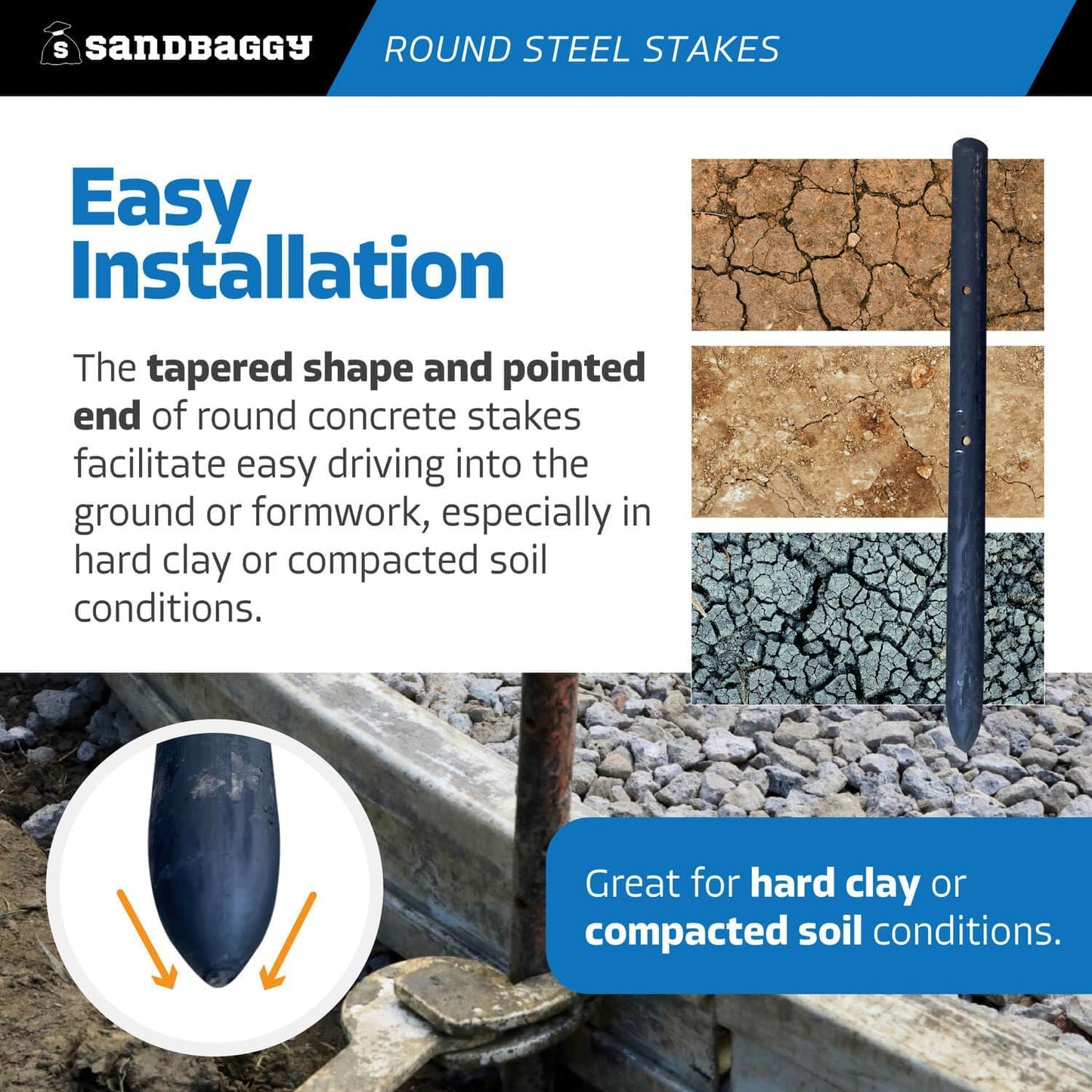 Sandbaggy Round Steel Concrete Form Stakes with Nail Holes - Rust Resistant Coating - Removable, Reusable (80, 3/4 in X 12 in)