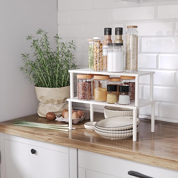 Cabinet Organizer Shelf(Set of 2),Kitchen Counter Shelves,Bamboo Spice Rack Countertop and Cabinet,Stackable Expandable,Large(White)