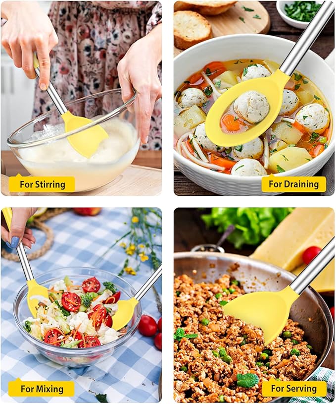 Pack of 2 Large Silicone Cooking Spoons,Non Stick Solid Basting Spoon,Heat-Resistant Kitchen Utensils for Mixing,Serving,Draining,Stirring (YELLOW)