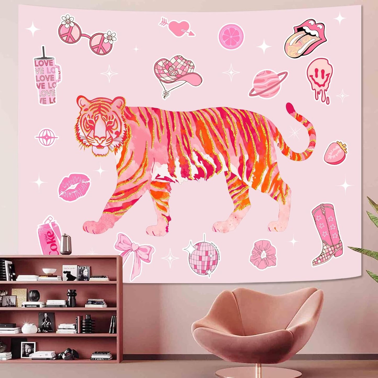 Lunerfex Y2K Tapestry Pink Tiger Wall Tapestry, Cute Tapestries for Bedroom Funny Tapestries Wall Hanging for Bedroom Living Room Decor Pink-3 44"x60"