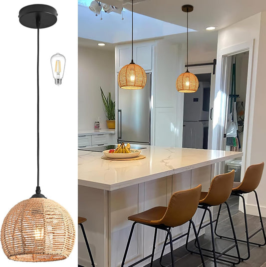 Mini Hemp Rope Woven Pendant Light Woven Light Fixture Boho Chandelier Light Fixture Wicker Pendant Light Rattan Light Pendant Dome Wicker Chandelier for Bedroom Kitchen Island(Bulb Incl.)