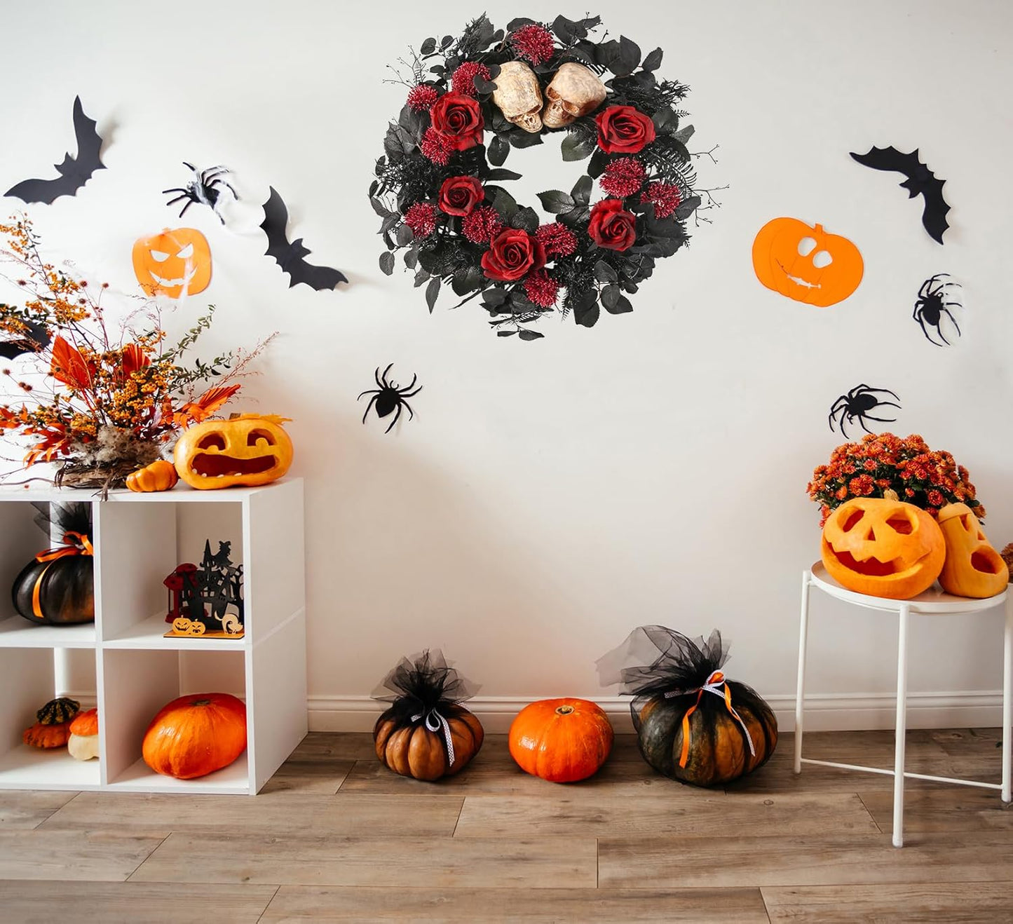 20" Halloween Wreaths for Front Door, Black Eucalyptus Leaves with Glitters, Red Roses, Skull, Gothic Wreath Horror Room Decor