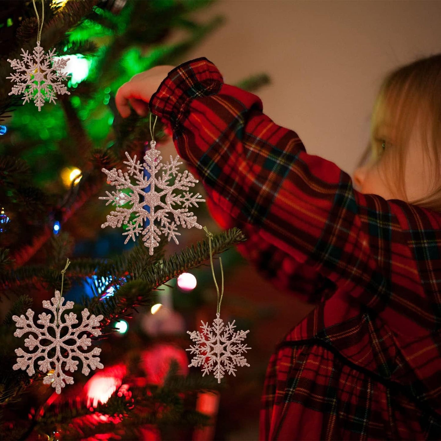 36pcs Christmas Rose Gold Snowflake Ornaments Plastic Glitter Snow Flakes Ornaments for Winter Christmas Tree Decorations Size Varies Craft Snowflakes