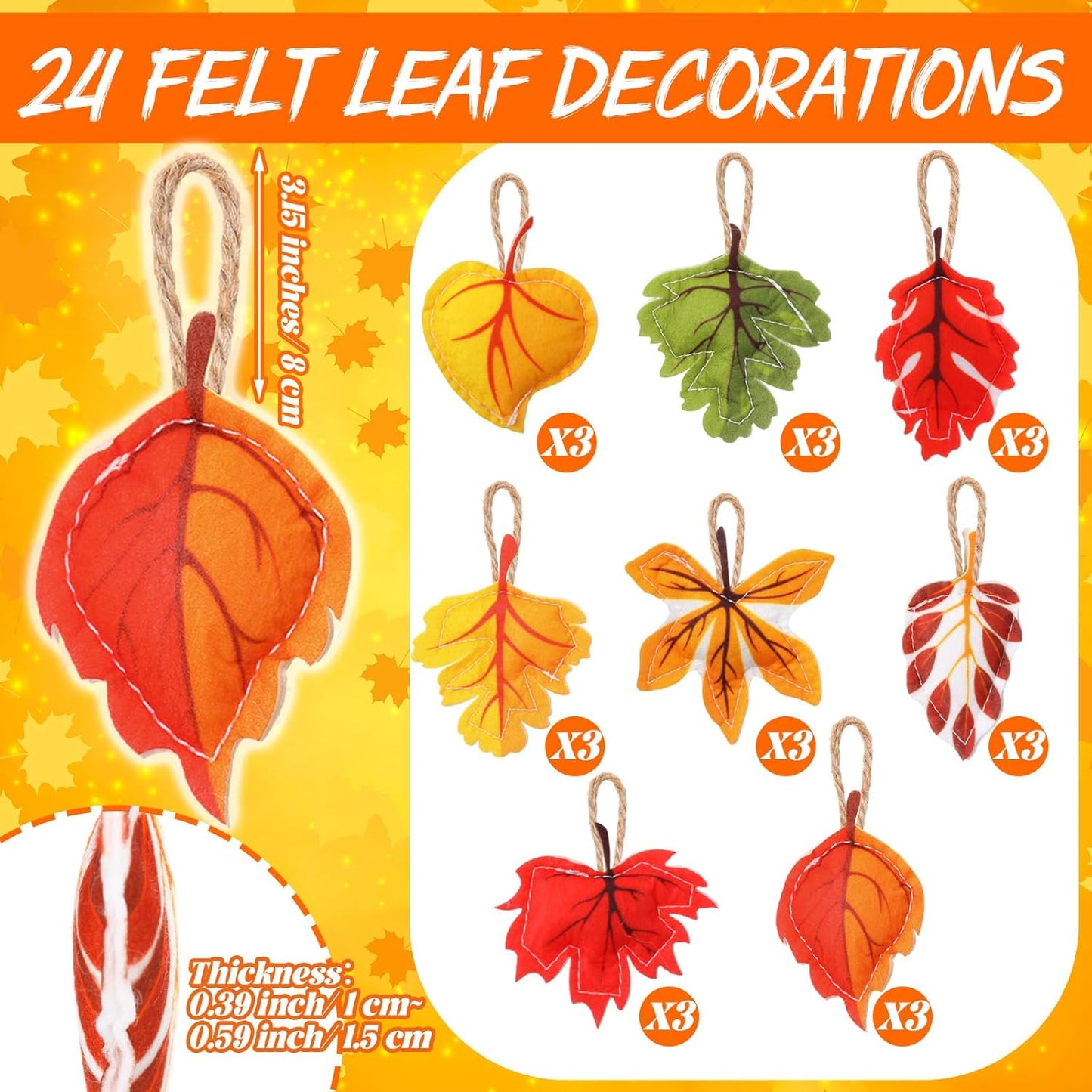24 Pcs Fall Tree Ornaments Thanksgiving Tree Decoration 3D Felt Maple Leaf Pumpkin Hanging Ornaments for Farmhouse Harvest Autumn Fall Decorations(Maple Leaf)