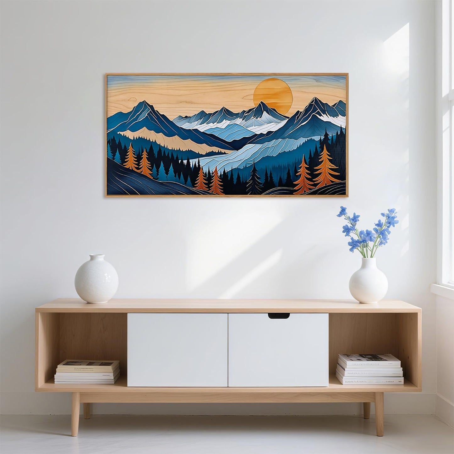 Blue Woodcut Mountain Framed Canvas Wall Art Set, Boho Abstract Ridge Wall Decor, Pine Tree Landscape Wall Painting, Sunrise Forest Art Print for Living Room, Bedroom, Office - 20"X40"