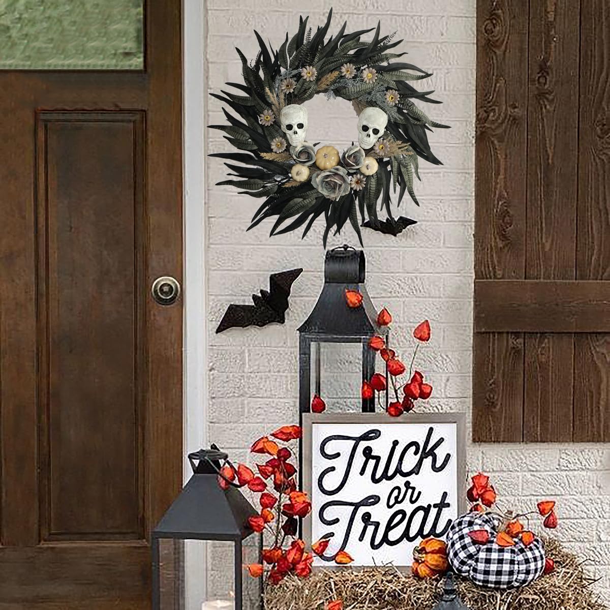 24" Snakeskin Leaves Halloween Wreaths for Front Door with Skulls Flowers and Pumpkins - Gothic Party Black Halloween Porch Wall Door Decor