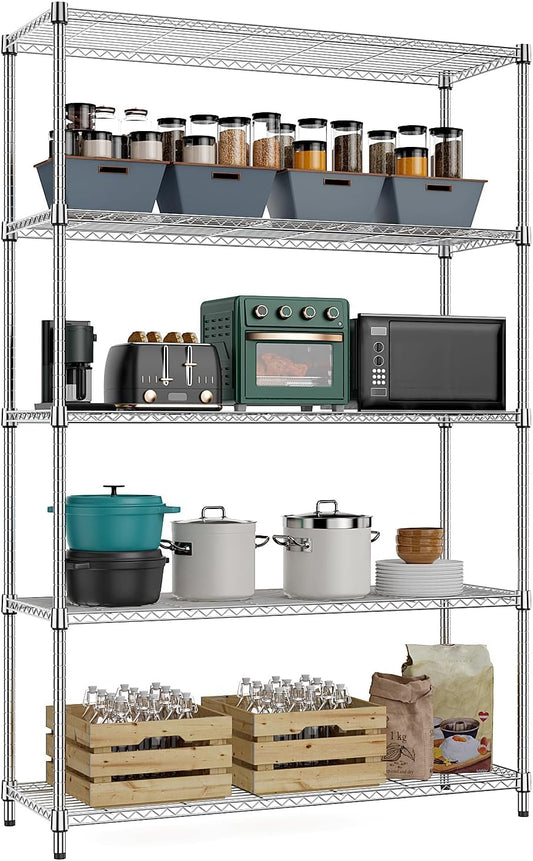 MZG 1750 lbs 5 Tier Storage Rack Metal Wire Shelving Unit, Storage Standing Household Shelf Organizer for Kitchen Pantry Closet Garage Basement Utility Room, Chrome 15.8" D x 45.3" W x 70.4" H