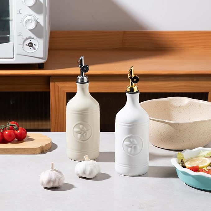 Sweejar 16 Oz Ceramic Olive Oil Dispenser Bottle, Oil Dispenser for Kitchen with Gravity Spout, Relief Opaque Oil Container for Evoo, Avocado Oil, Vinegar, Soy Sauce, 1 Pack(White, Silver Spout)