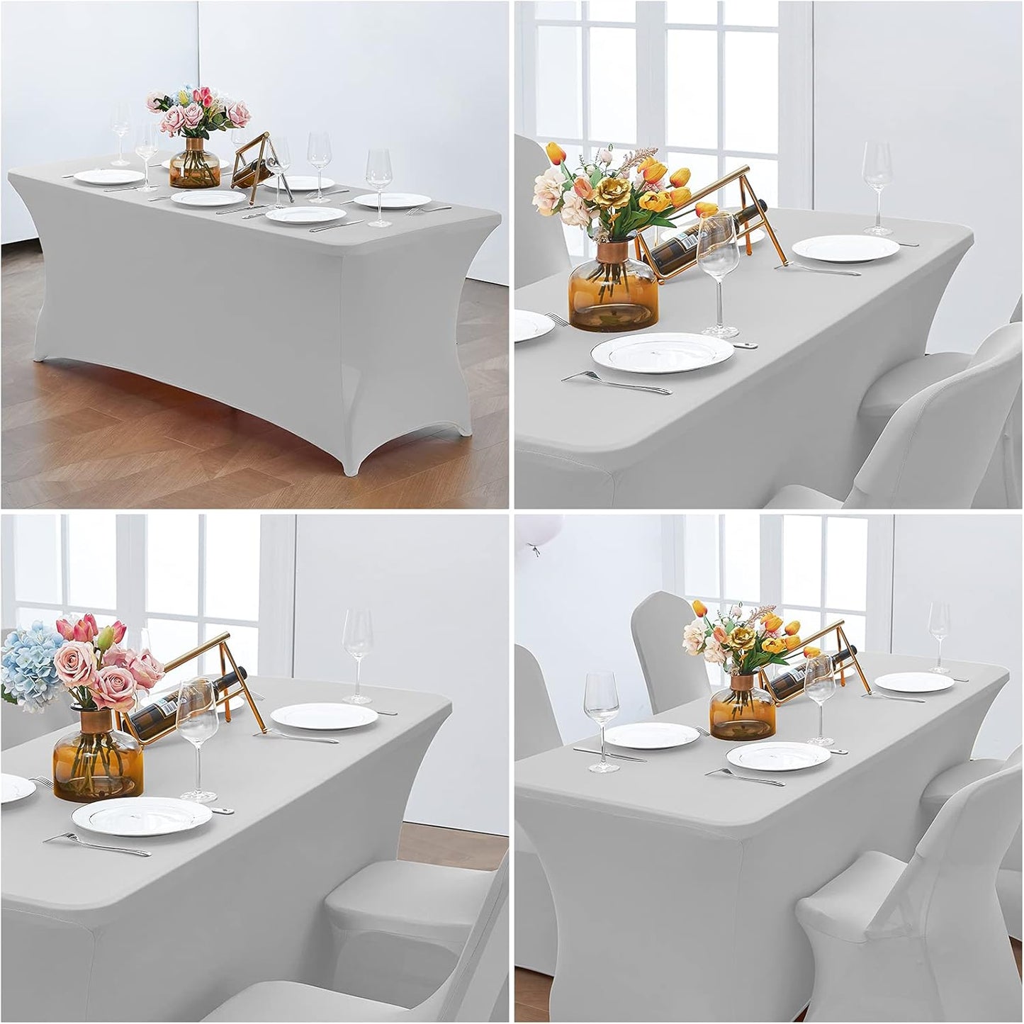 CWK 6FT Waterproof Stretch Spandex Table Cover for Rectangular Tables - Elastic Fitted Tablecloth for Folding Tables,Wrinkle Resistant Table Cloth for Parties, Weddings, Banquets & Events (Silver)