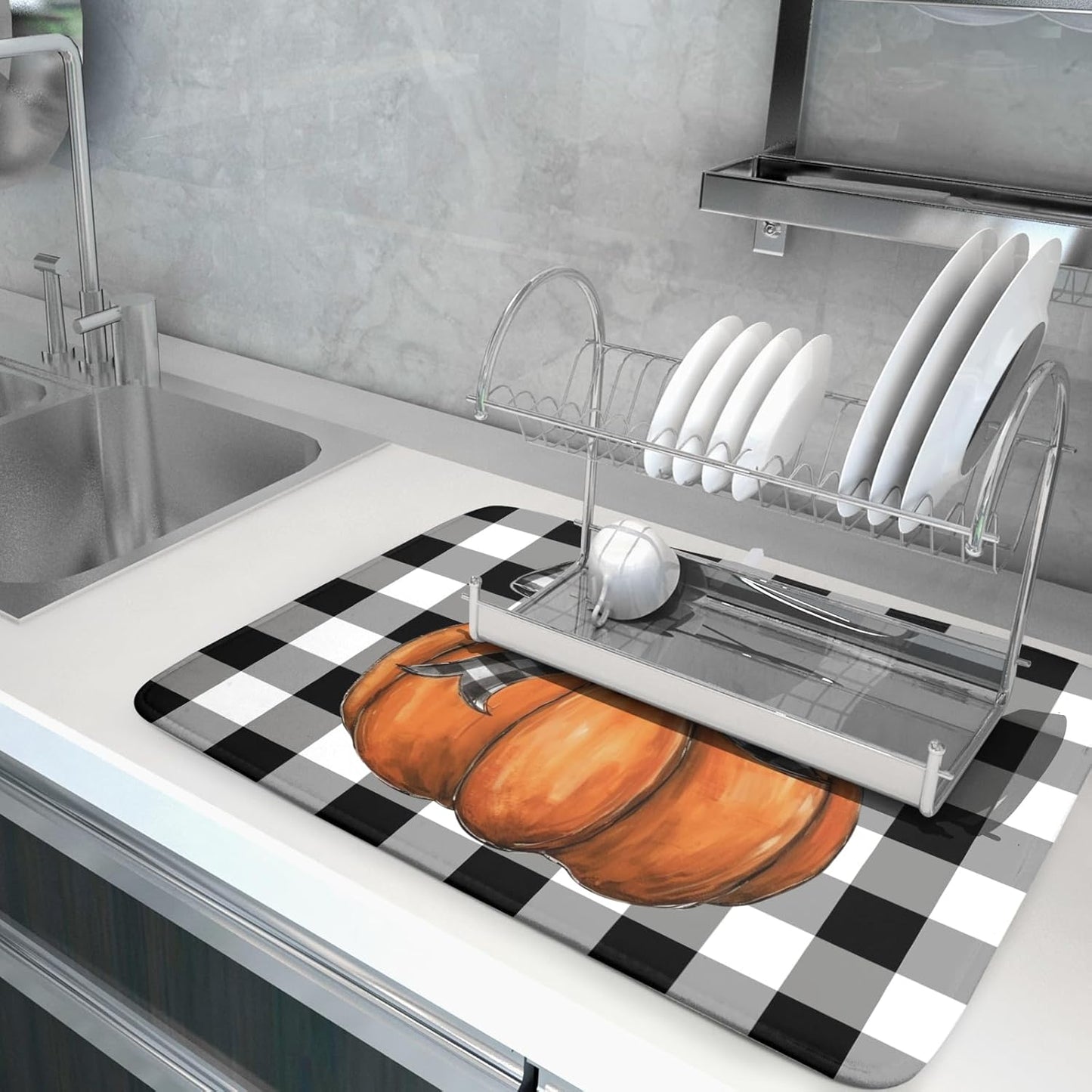 Fall Pumpkin Dish Drying Mat for Kitchen Counter Black White Buffalo Check Thanksgiving Super Absorbent Reversible Microfiber Kitchen Countertop Protector Dishes Pad Large 18x24 inch