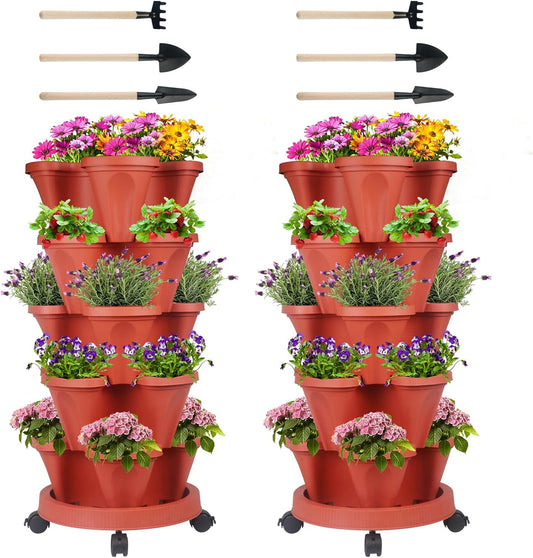 DUNCHATY Stackable Planters 5 Tier Vertical Garden Planting Tower Planters Strawberry, Herb, Flower, and Vegetable Planter Indoor Outdoor Gardening Pots with Removable Wheels and Tools, 2 Bundle