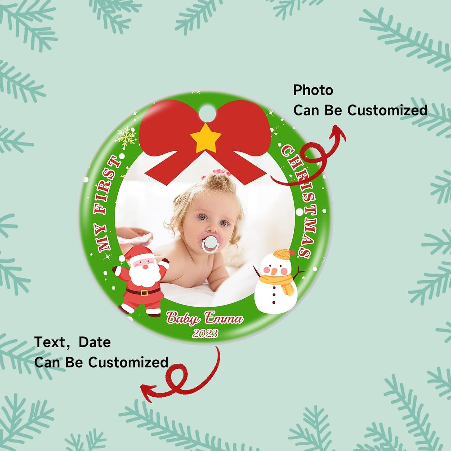 Personalized Baby's First Christmas Ornament 2025, Ceramic Custom Photo Text Christmas Ornament Customized Photo Ornament Christmas Tree Decorations Gift for New Parents Mom Dad Newborn Baby