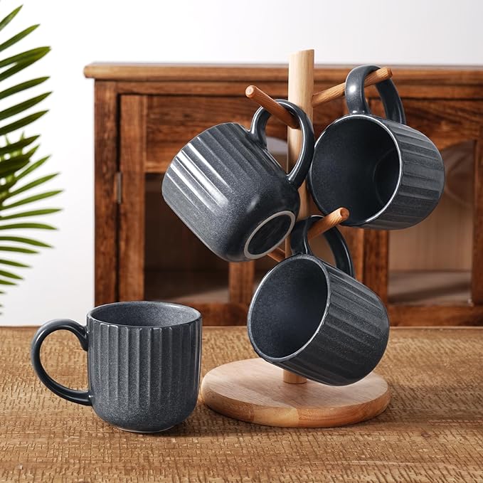 famiware Coffee Mugs Set of 4, Starlight 11 oz Mug Cup Set with Handle for Coffee, Tea, Cocoa, Milk - Ceramic Stoneware Mug Set, Matte Black Grey