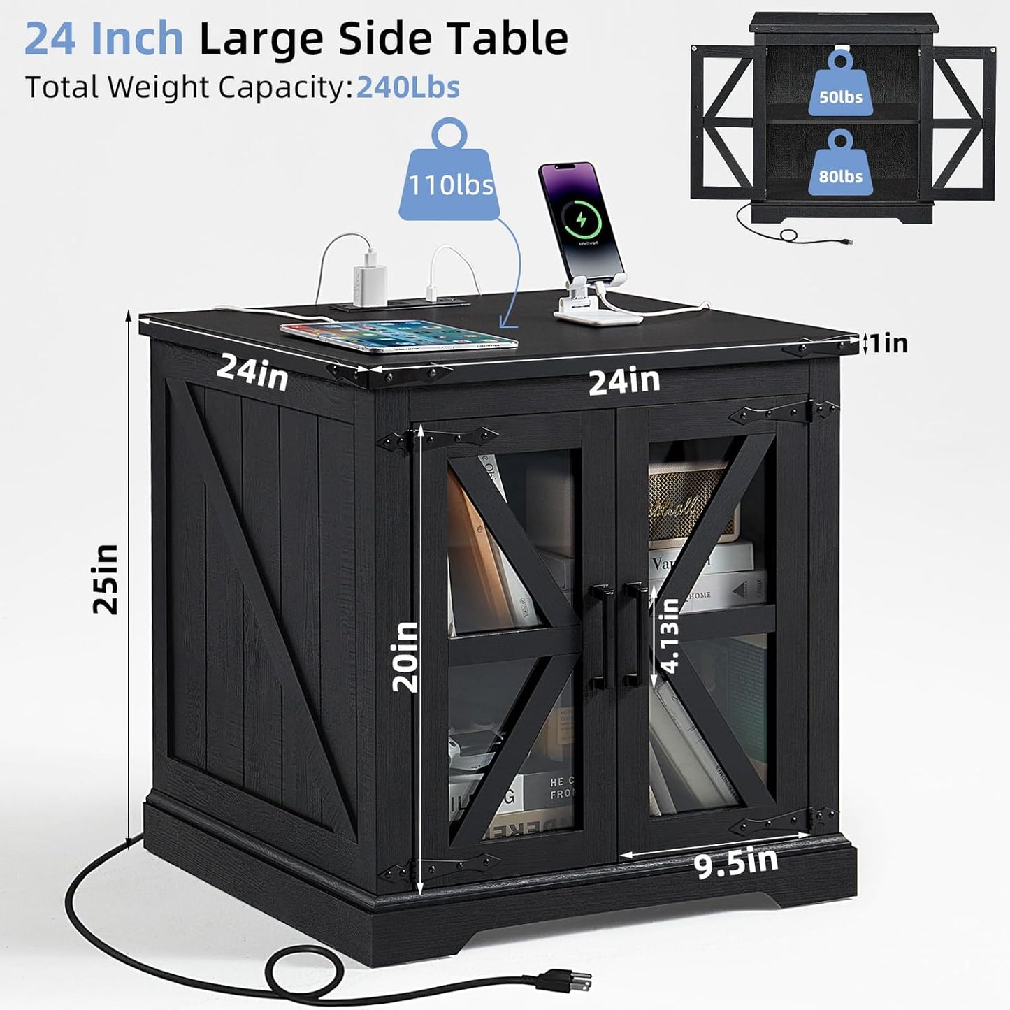 24" End Table with Charging Station, Farmhouse Night Stand with Glass Barn Door, Black Nightstands with Adjustable Storage Shelf, Large Wood Square Bed Side Table for Living Room,Bedroom