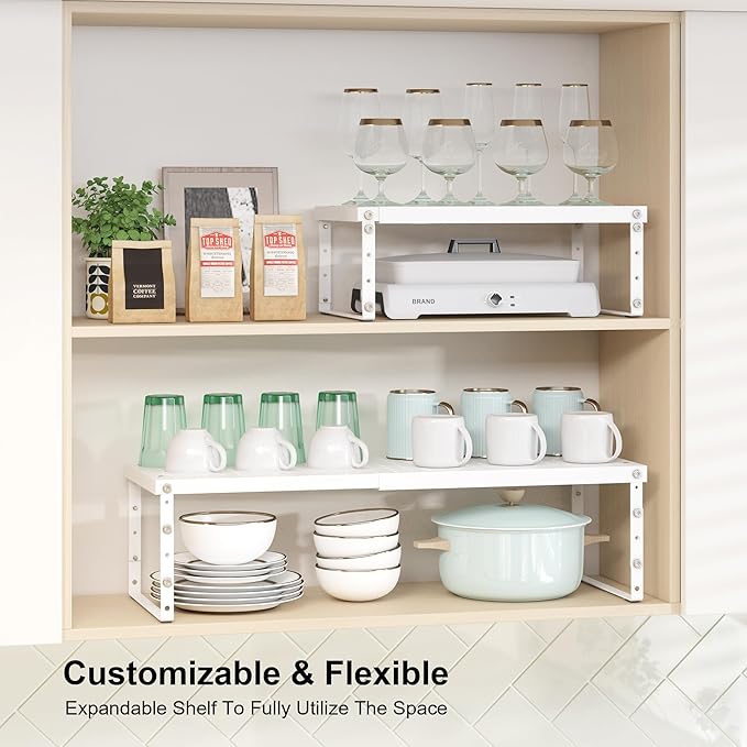 Expandable Cabinet Organizer Shelf With Adjustable Height, Stackable Kitchen Countertop Organizer Rack, Adjustable Shelf Riser For Kitchen Counter, Pantry, Cupboard, Desk, Tabletop