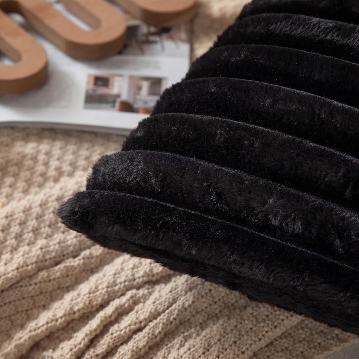 DEELAND Pack of 2,Double-Sided Faux Fur Plush Decorative Throw Pillow Covers Fuzzy Striped Soft Pillowcase Cushion Covers for Sofa Couch Bedroom Black 16x16 inch