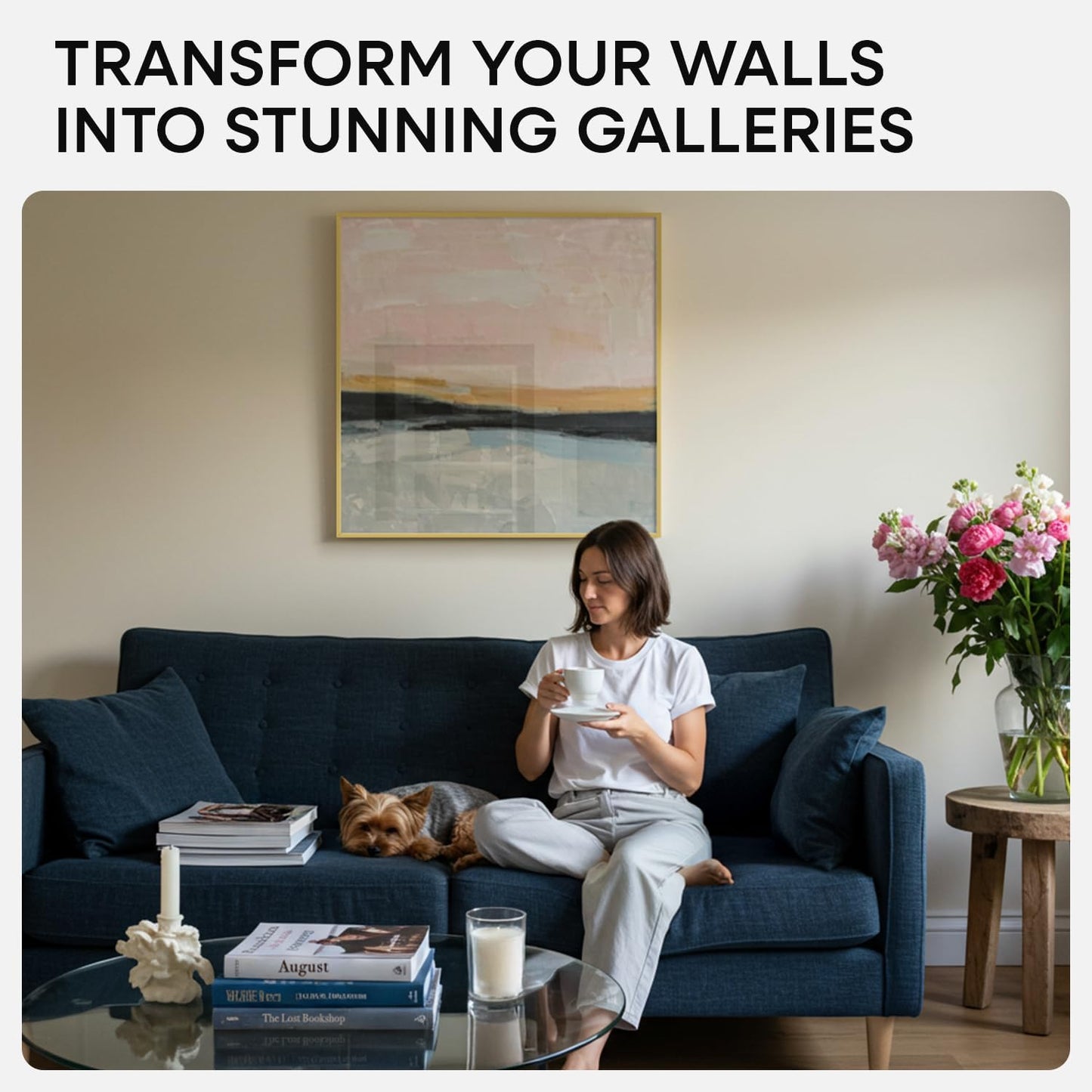 Homeforia 24x24 Gold Square Frame, High End Metal 24 x 24 Large Gold Poster Frames with Mat 20 by 20 for Photo, 24by24 Thin Picture Frame Matted to 20x20 inch Print, Tempered Glass, Wall Kit, Set of 1