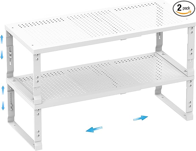Expandable Spice Rack,Stackable Storage for Cabinet, Multi-Functional Kitchen Shelving,Height-Adjustable,Sustainable Organizer Solution(2Packs/White/Medium)