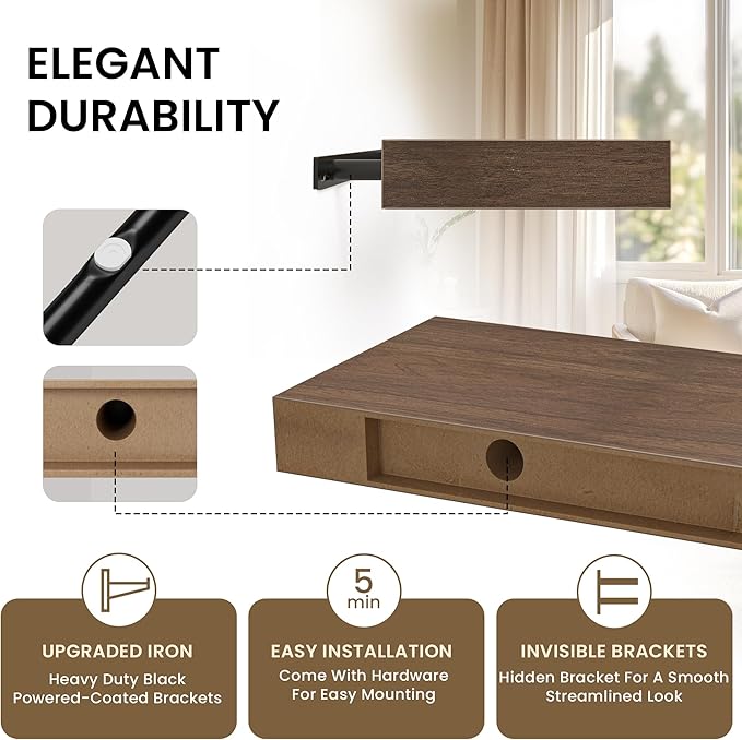 Floating Shelves for Wall, 48" W x 9.3" D x 1.5" H, Wooden Wall Mounted Display Shelves with Invisible Brackets for Living Room, Bedroom, Bathroom, Kitchen Decor and Storage, Set of 1, Walnut