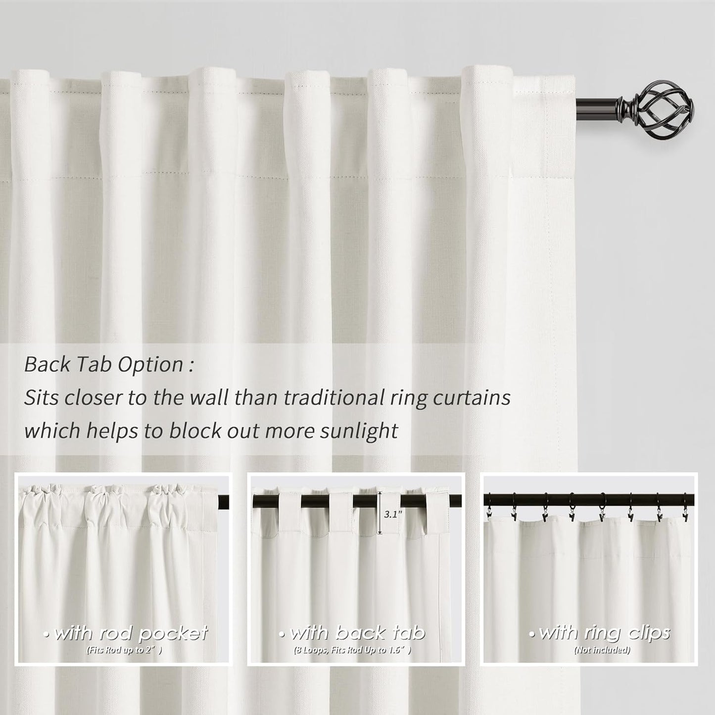 Ivory White Black Out Curtains 72 Inch Long for Bedroom Window Room Darkening Full Light Blocking Curtains Back Tab Neutral Elegant Off White Blackout Curtain Thermal Insulated Linen Drapes 52x72