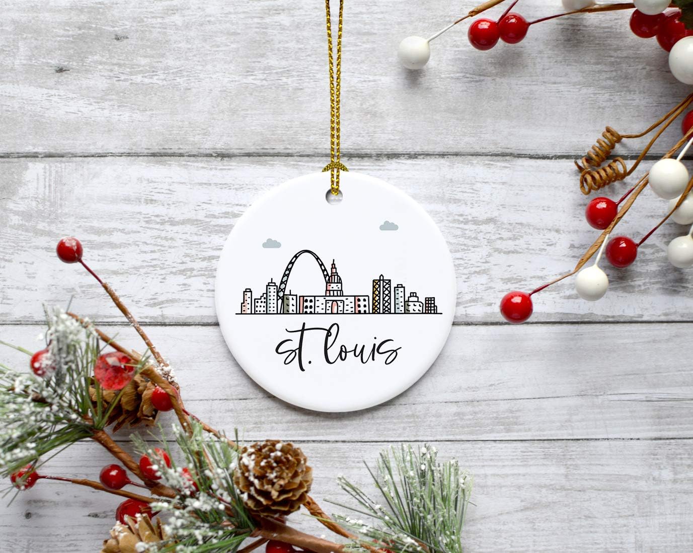 Andaz Press Round Ceramic Porcelain Christmas Tree Ornament Keepsake Gift, St. Louis, Colorful City Skyline Graphic, 1-Pack, Birthday Family Coworker Includes Gift Box St. Louis Ornament 2024