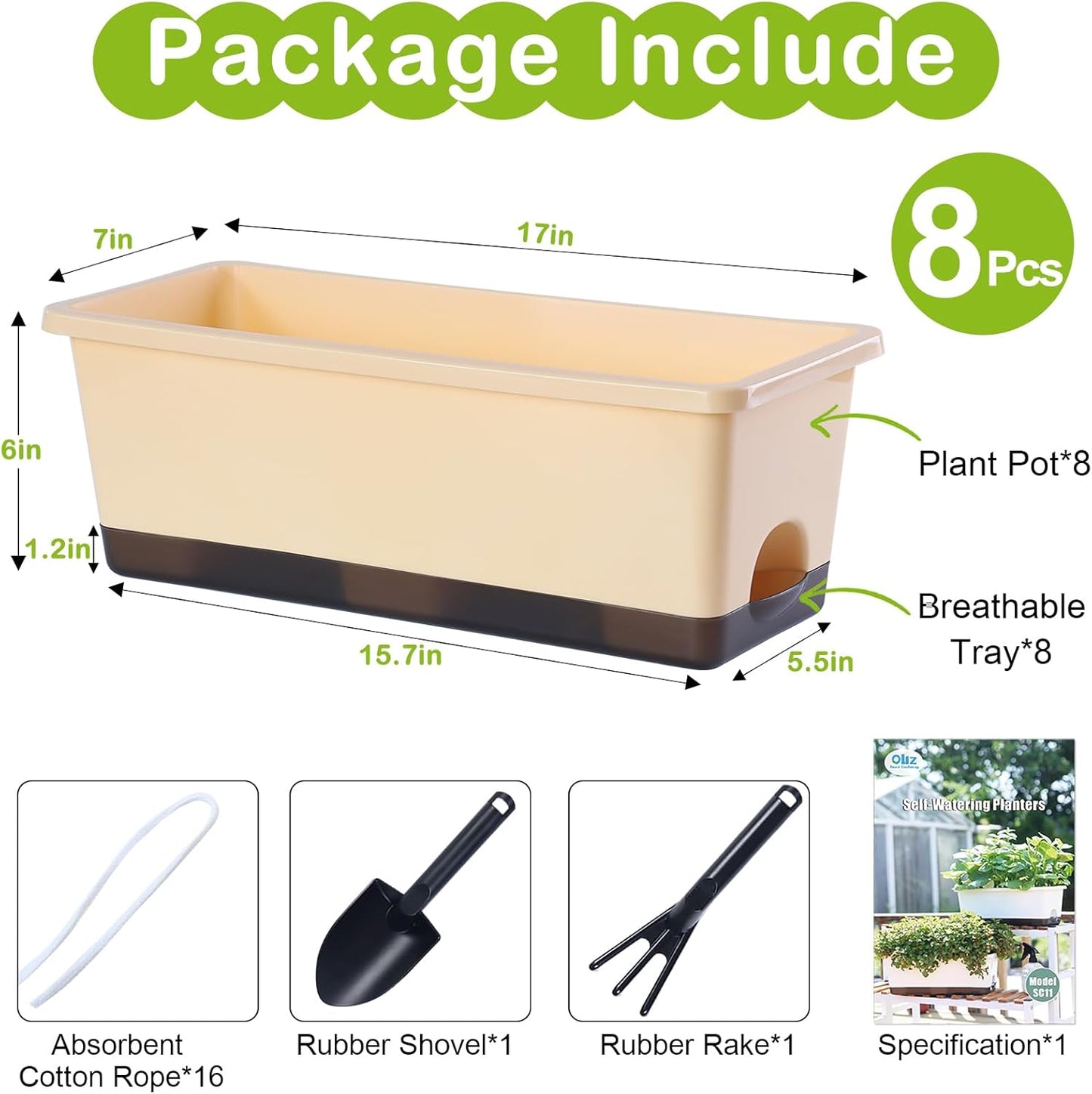 Window Box Planter 8 Pcs, 17 Inches Rectangle Flower Pots with Drainage Holes and Trays, Vegetable Planters for Windowsill Patio Garden Balcony Home Porch Yard Indoor Outdoor (Barley Yellow)