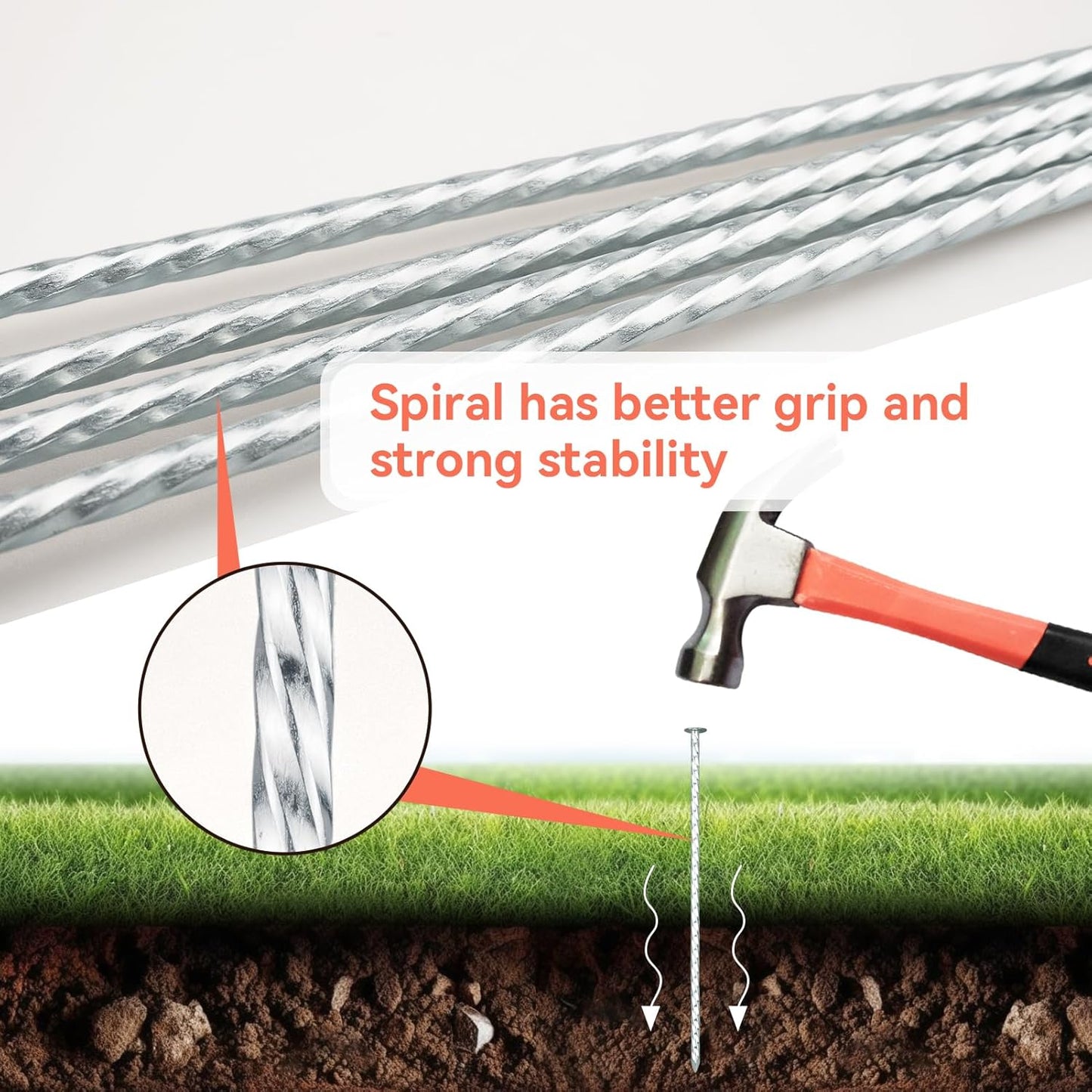 8" Heavy Duty Spiral Landscape Spikes - Solid Galvanized Metal Garden Stakes for Fixing Paver Edging, Weed Barriers, Artificial Turf, Tent and More (50)