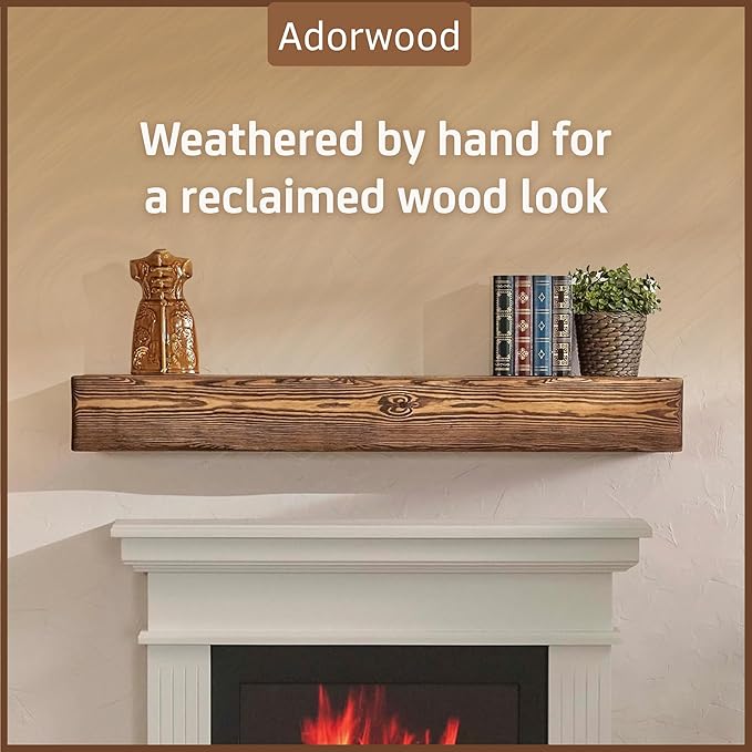 Handmade Fireplace Mantel Shelf 48", Extra Wide Rustic Wood Mantles for Over Fireplace, Wall Mounted Floating Mantel Shelves for Living Room Decor (Dark Rustic, 48Lx6Hx8D)