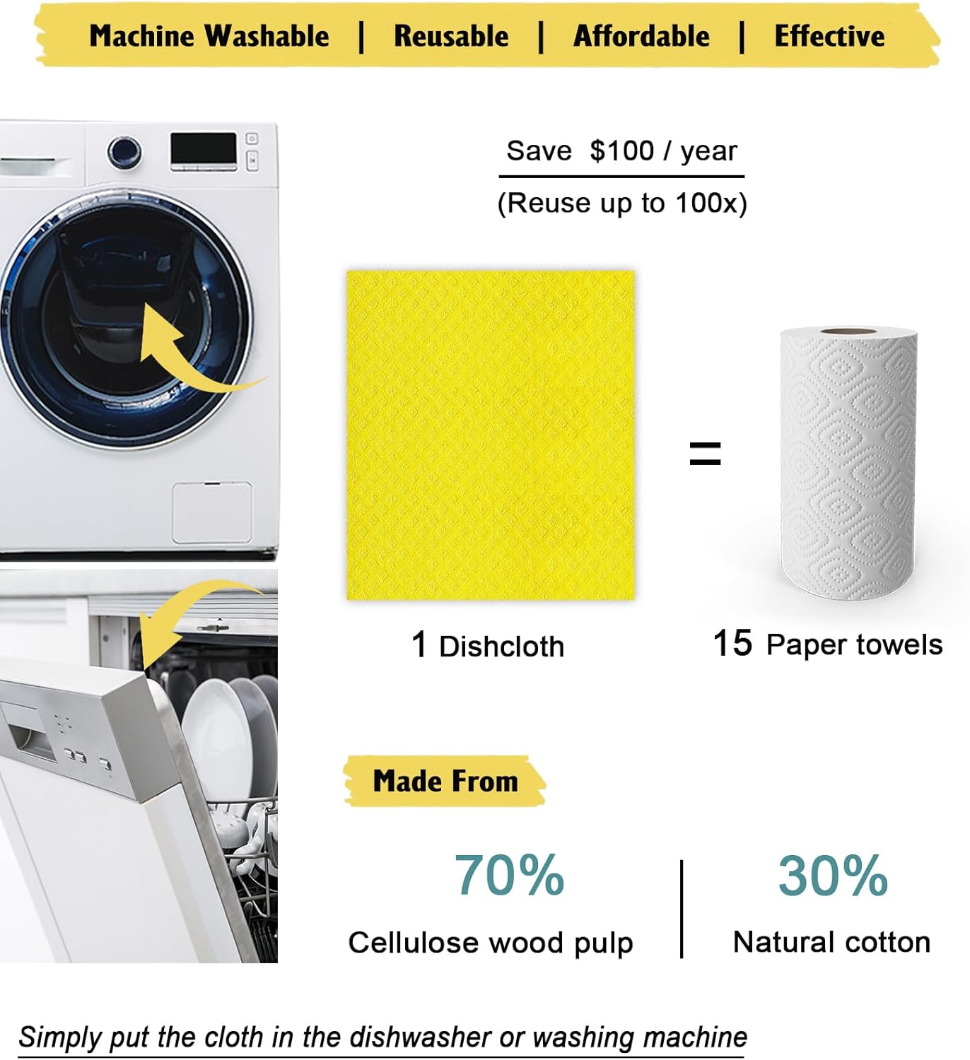 Swedish Dishcloths for Kitchen | 10 Pack Absorbent Cellulose Sponge Cloths Washable | Non-Scratch Reusable Paper Towels Quick Drying Cleaning Rag - Yellow