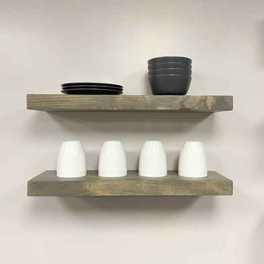 URBANDI, Rustic Floating Shelves, Set of 2, Hidden Bracket, Solid Wood, Heavy Duty, Wall Mounted Shelves, (Grey, 12Wx12D)