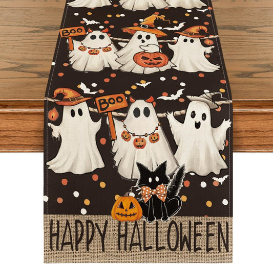 Artoid Mode Ghost Jack-O'-Lantern Black Cat Halloween Table Runner,Holiday Kitchen Dining Table Decoration for Home Party Decor 13 x 108 Inch