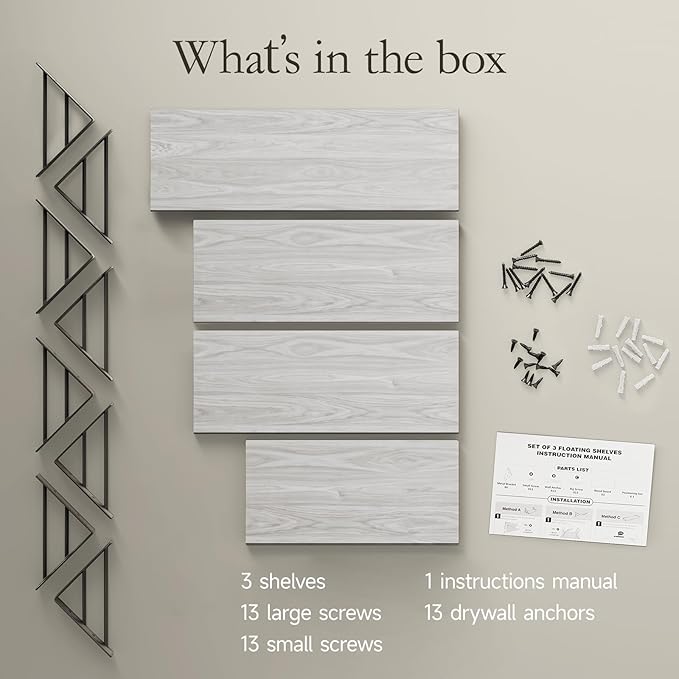 BAYKA Wall Shelves for Bedroom Decor, Floating Wall Shelves for Living Room Kitchen Storage, Wall Mounted Rustic Wood Floating Shelves for Kids Books, Corner Shelf for Bathroom(Gray White，Set of 4)