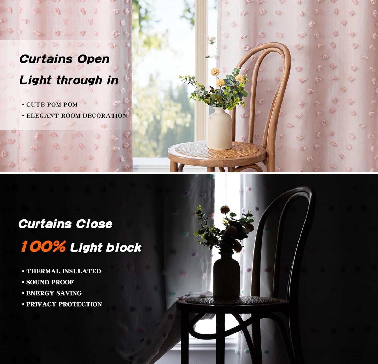 MYSKY HOME 100% Blackout Curtains for Girls Bedroom 90 Inch Long Total Room Darkening Curtain for Living Room 2 Panels Grommet Light Blocking Sliding Door Drapes Blush Pink Pom Pom Sheer 52" x 90"