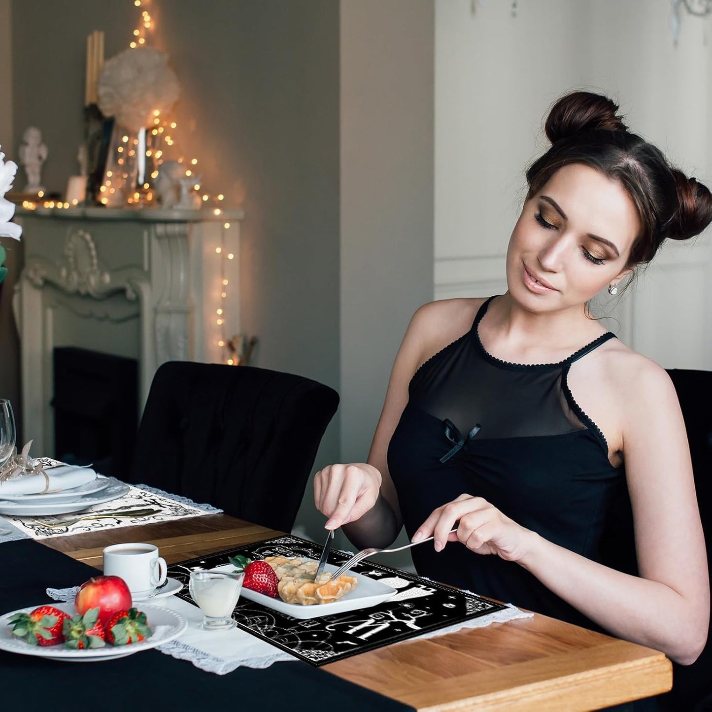 Umigy 6 Pcs Halloween Placemats 12"x18" Gothic Bat Placemats Kitchen Decoration Washable Witch Place Mats Rectangle Skull Table Mats for Halloween Dining Table Accessories(Black White Character Style)