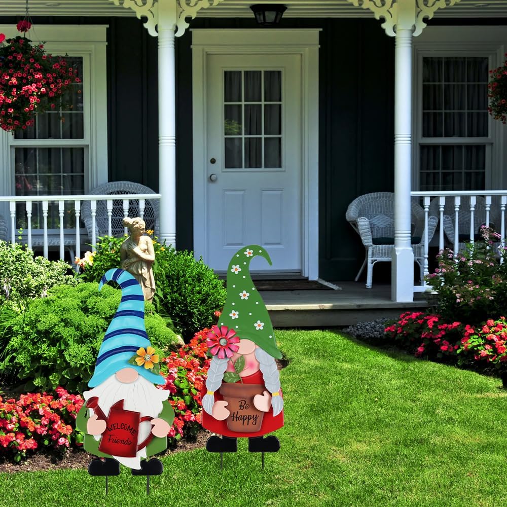 YEAHOME Garden Decor for Outside, Set of 2 Metal Gnomes 27.6” Decorative Garden Stakes with Flowers for Spring Decor, Yard Art Stakes for Outdoor Lawn Backyard Porch Garden Decorations