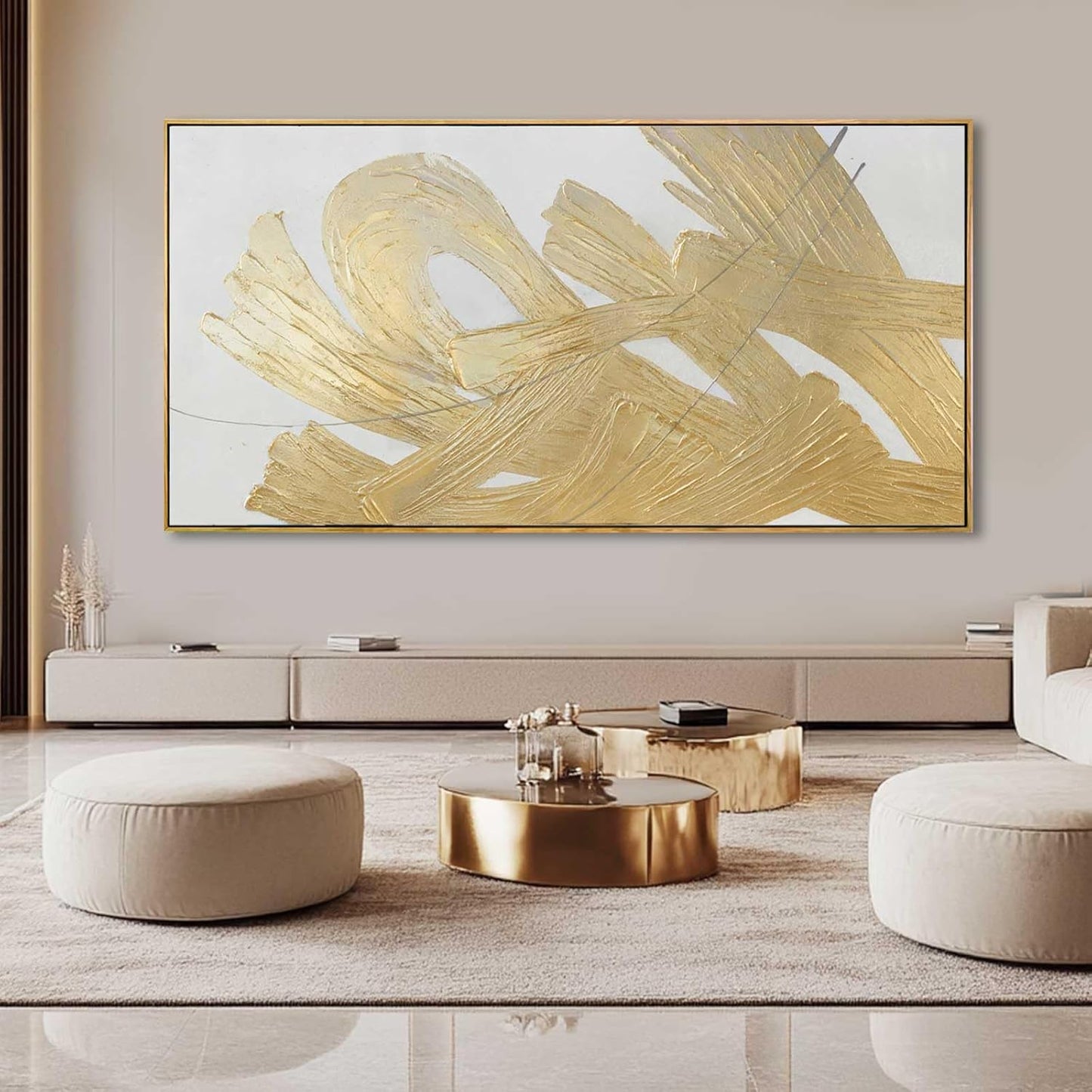 XIANSHOU White and Gold Wall Painting Neutral Wall Decor Modern Abstract Wall Art Minimalist Art 29"x58" Artwork for Living Room Kitchen Dining Room