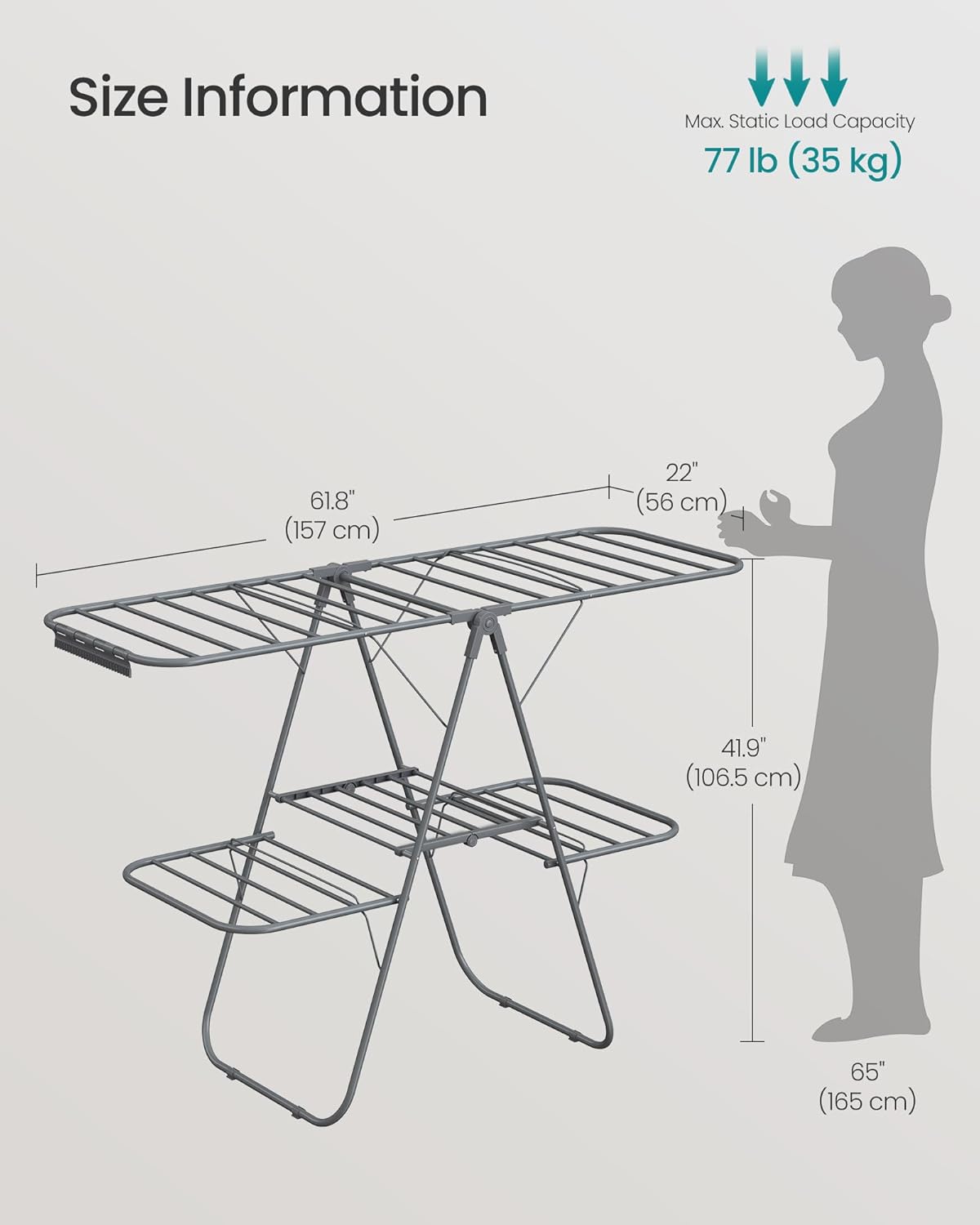 SONGMICS Clothes Drying Rack, Foldable 2-Level Laundry Drying Rack, Free-Standing Laundry Airer, with Height-Adjustable Wings, 33 Drying Rails, Sock Clips, Gray ULLR053G02V1