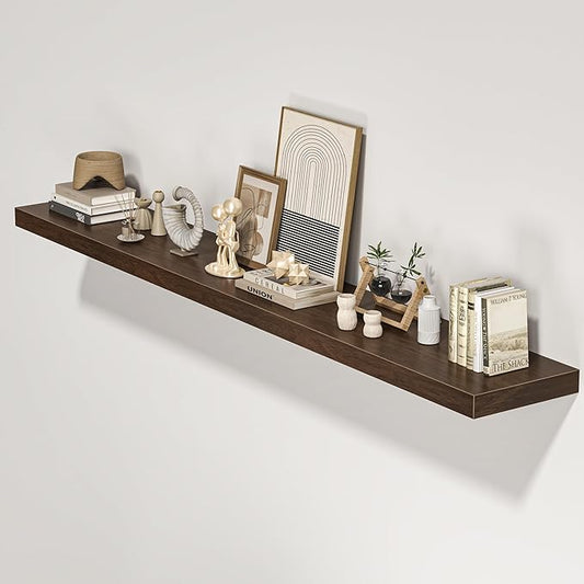 Floating Shelves for Wall, 72"W x 9.3"D x 1.5"H, Long Wooden Wall Mounted Display Shelves with Invisible Brackets for Living Room, Bedroom, Bathroom, Kitchen Decor and Storage, Set of 1, Walnut