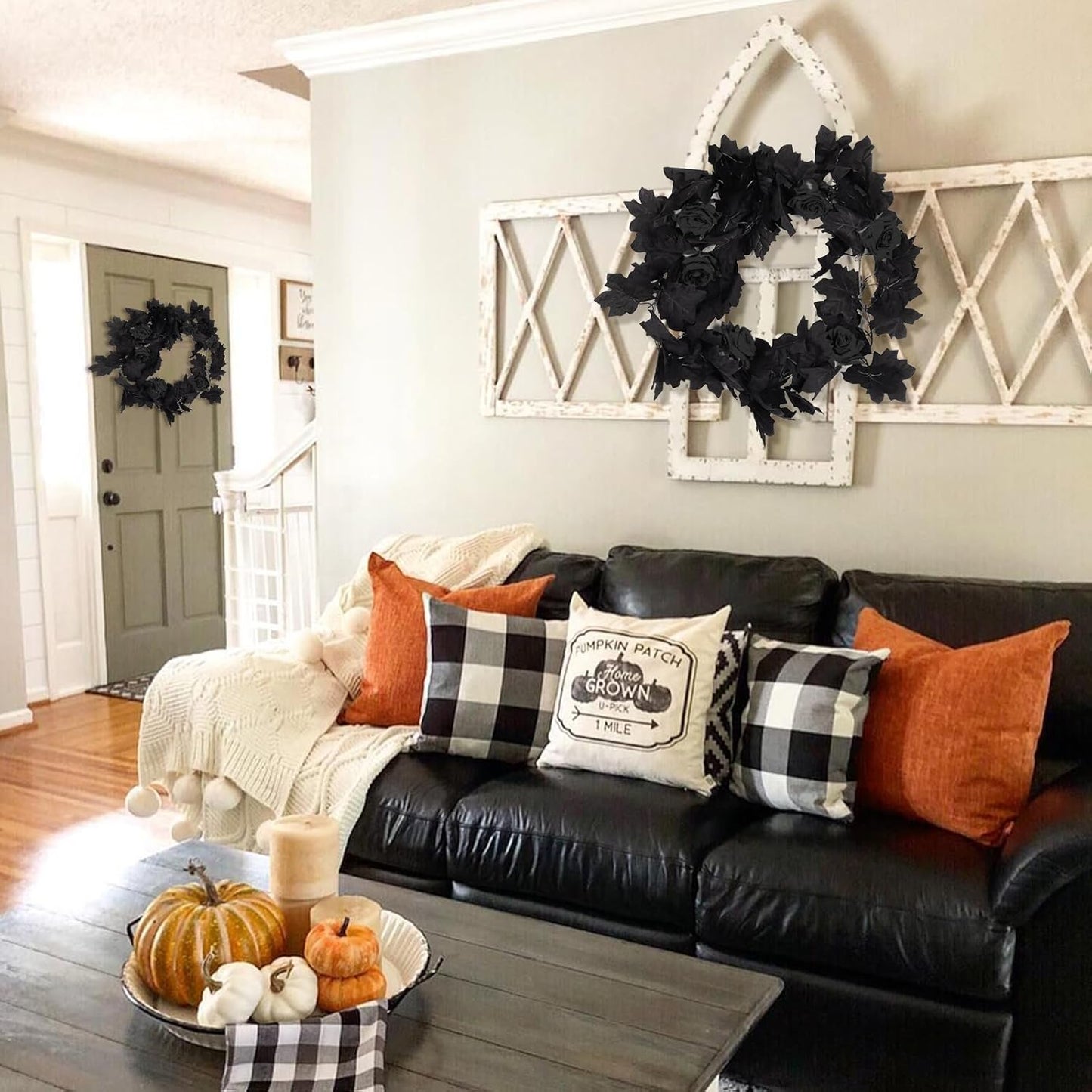 RECUTMS Black Artificial Flower Garland Fake Rose Vine Hanging Rose Vines Fall Maple Garland with Floral,Black Hanging Flowers for Gothic Wedding Decor Autumn Party Halloween Decor