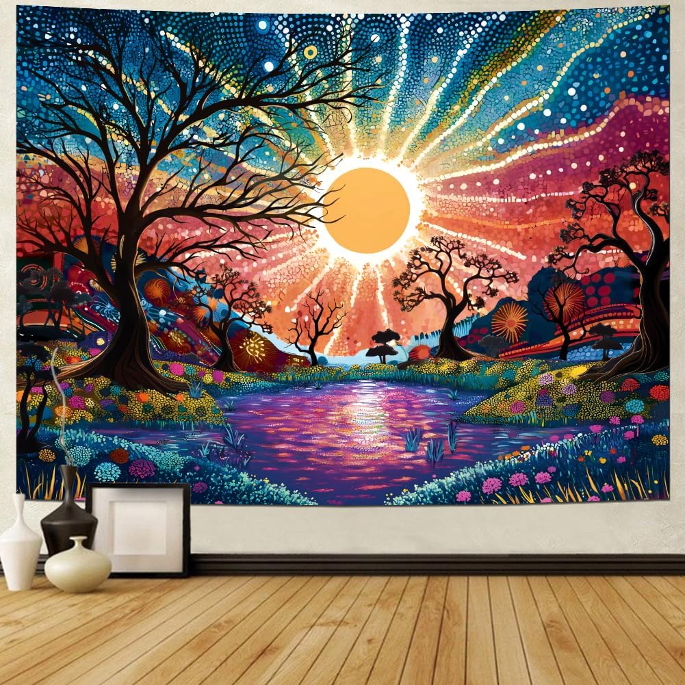 Serborlur Tree of Life Tapestry Trippy Sun Forest Tapestries Colorful Starry Sky Tapestries Hippie Nature Landscape Wall Tapestry Aesthetic Vintage Wall Hanging for Bedroom (70.8" x 92.5")
