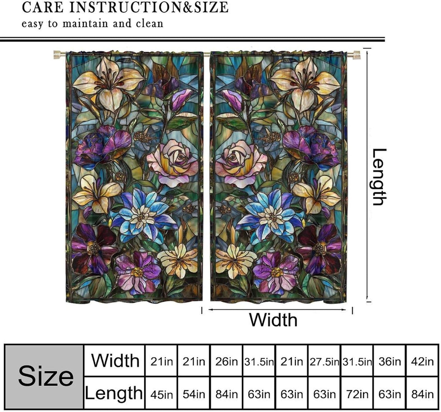 Stained Glass Curtains,Retro Colored Glass Flowers Art Home Decor Drapes for Bedroom Living Room Kitchen Window Treatment 2 Panels Set Total Size 42" W X 54" L Inch