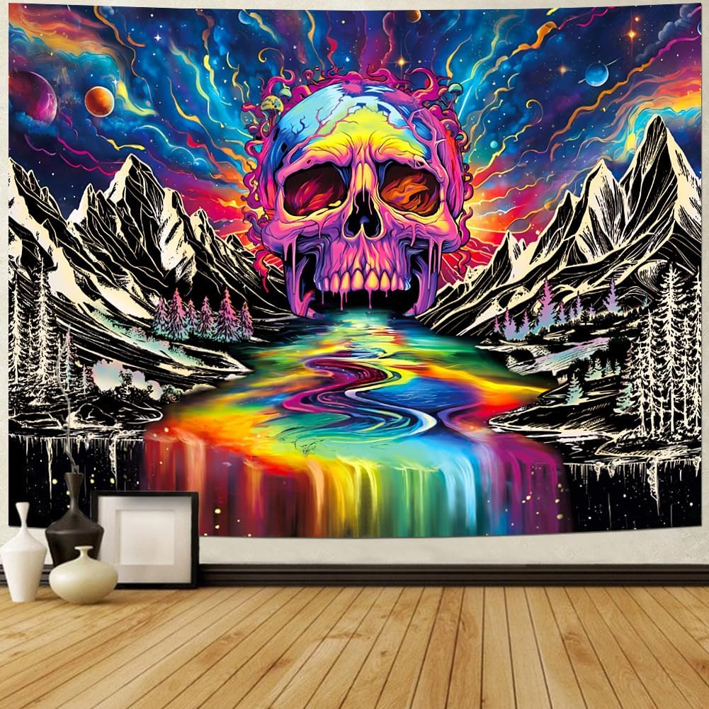 Blacklight Skull Tapestr UV Reactive Galaxy Mountain Planet Tapestries Magic Neon River Wall Hanging Aesthetic Skeleton Wall Decor Forest Trees Landscape Backdrop for Living Room