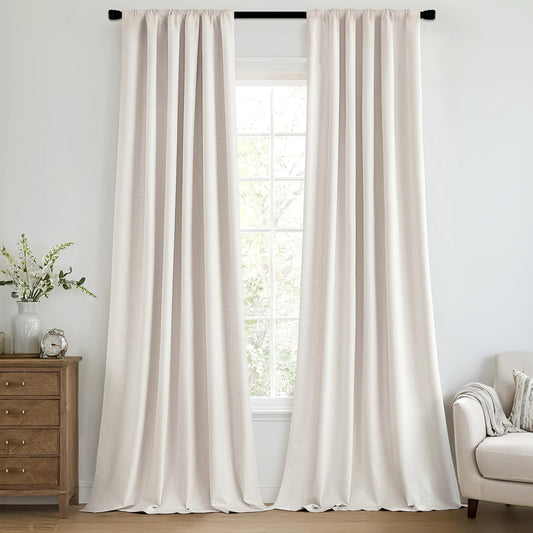 MIULEE 100% Blackout Curtains 108 Inch Long 2 Panels for Bedroom, Thick Luxury Faux Linen Black Out Curtain Room Darkening Back Tab Pleat Window Textured Drapes with Hooks for Living Room, Ivory